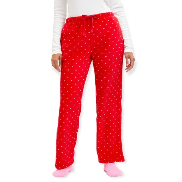 LAURA ASHLEY Fleece Pajama Bottoms & Fuzzy Pink Sock Set Red Pink Dot PJ Pants - Picture 8 of 8